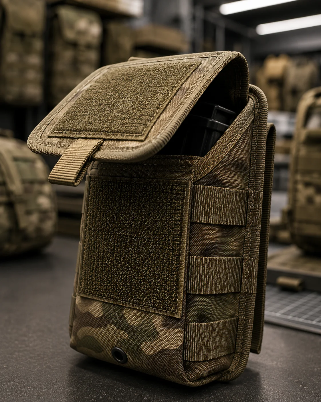 Military pouch closure with durable hook and loop fastening.